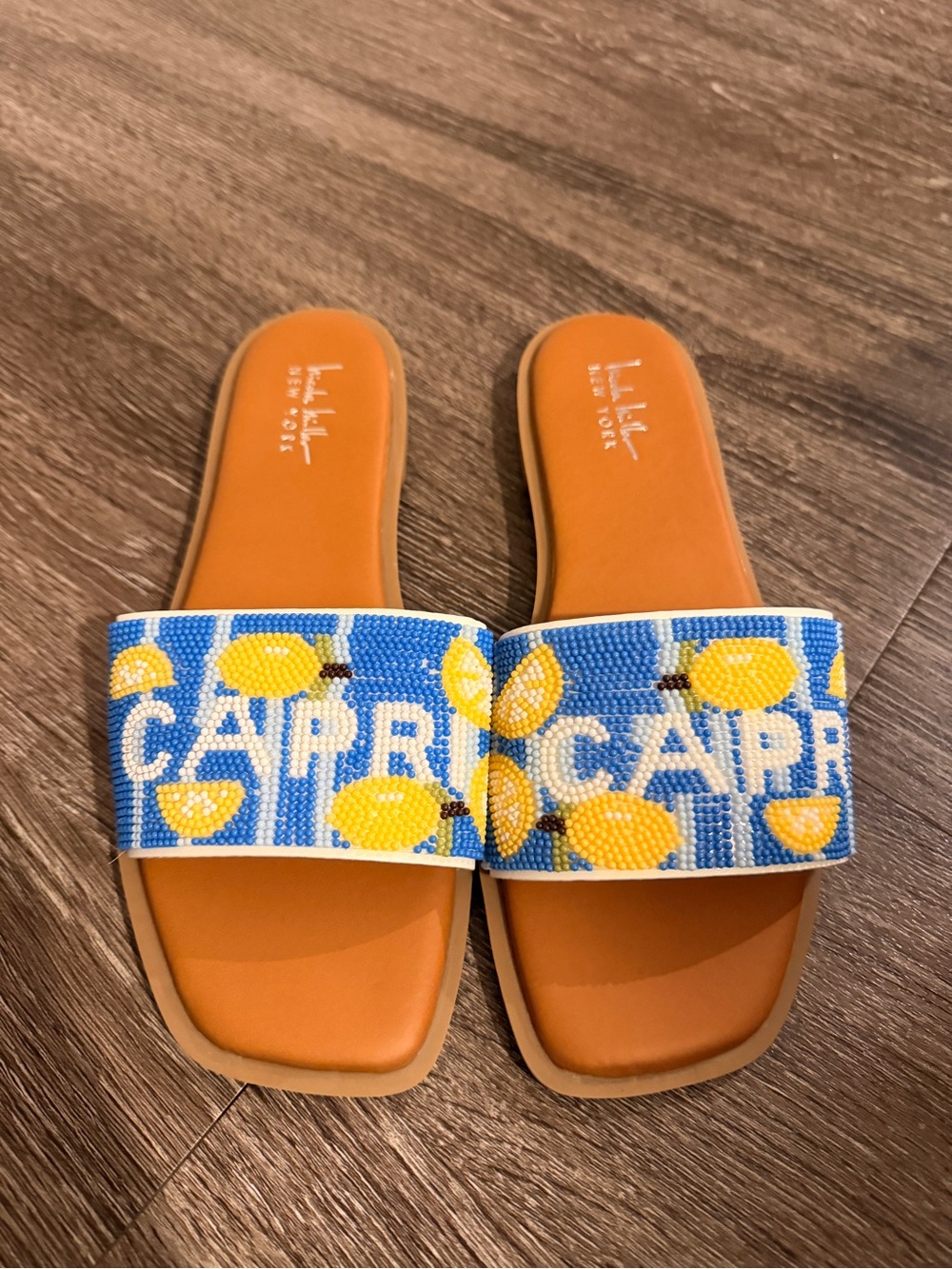 Nicole Miller Blue & Yellow Capri Beaded Slide Sandals
